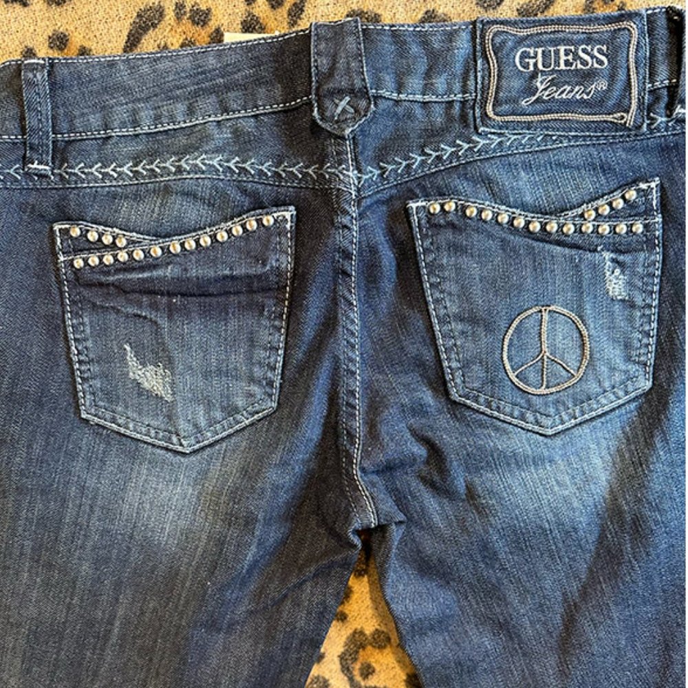 Guess Denim Jeans Foxy Flare Leg Love Vintage Wash Peace Sign Low Rise